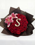 Velvet Fresh Rose Bouquet with Initial