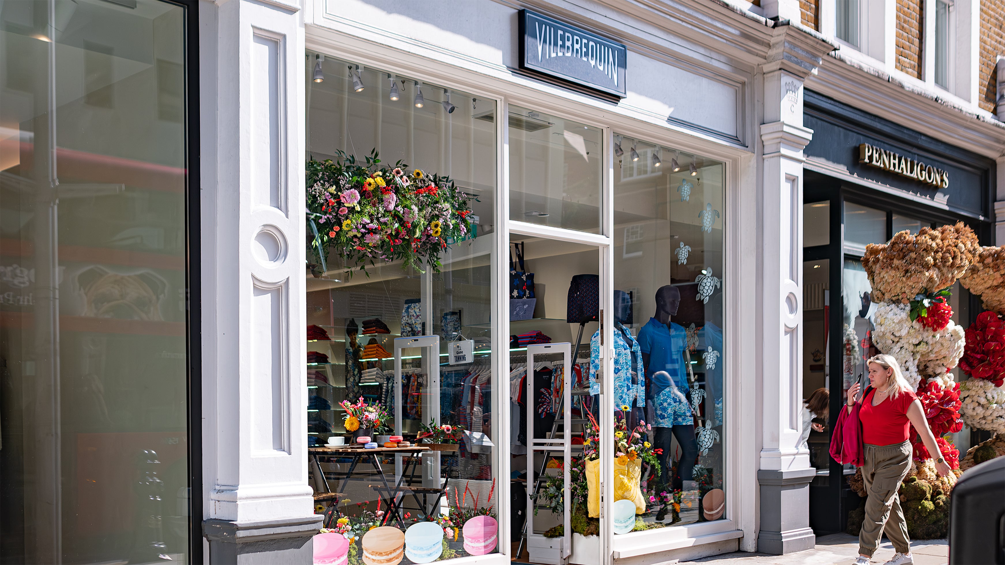Image of The Vilebrequin storefront in Kings Road decorated with flowers for Chelsea in Bloom - Amarante London