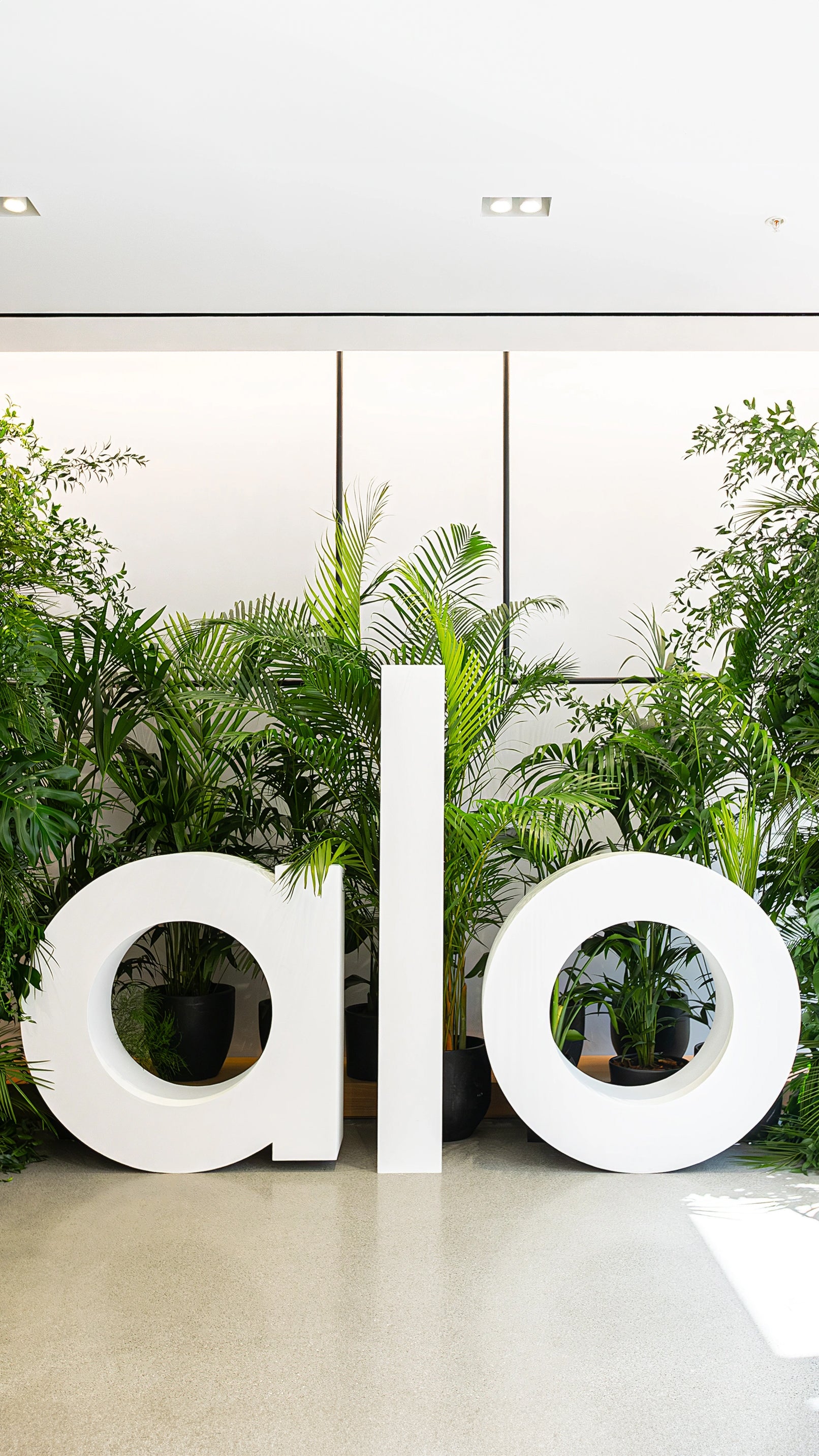 Corporate event plant installation with tropical palms and greenery surrounding branded lettering, for branded event signage - Amaranté London