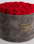 Divine Red Roses displayed in a dapper grey box