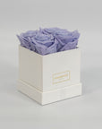 Artful lavender roses encompassed in a fashionable white box