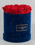 Dreamy red Roses displayed in a luxurious blue box