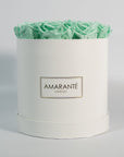 Enchanting mint green roses featured in a gorgeous white  medium box 