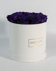 Luxurious dark purple roses entrenched in a beautiful white box