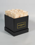 Chic champagne roses imbedded in a beautiful black box