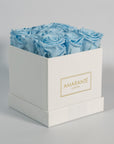 Bright light blue roses connoting protection and healing.