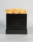 Gorgeous peach coloured roses encompassed in a trendy black box
