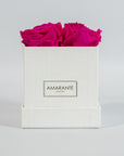 Distinctive hot pink roses displayed in a fashionable white box