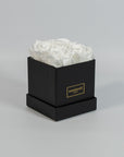 Captivating white roses placed in a vogueish black box