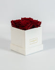 Enchanting wine red roses placed in a stylish white box