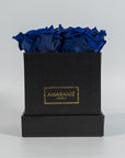 Luxurious royal blue roses featured in a stunning black box