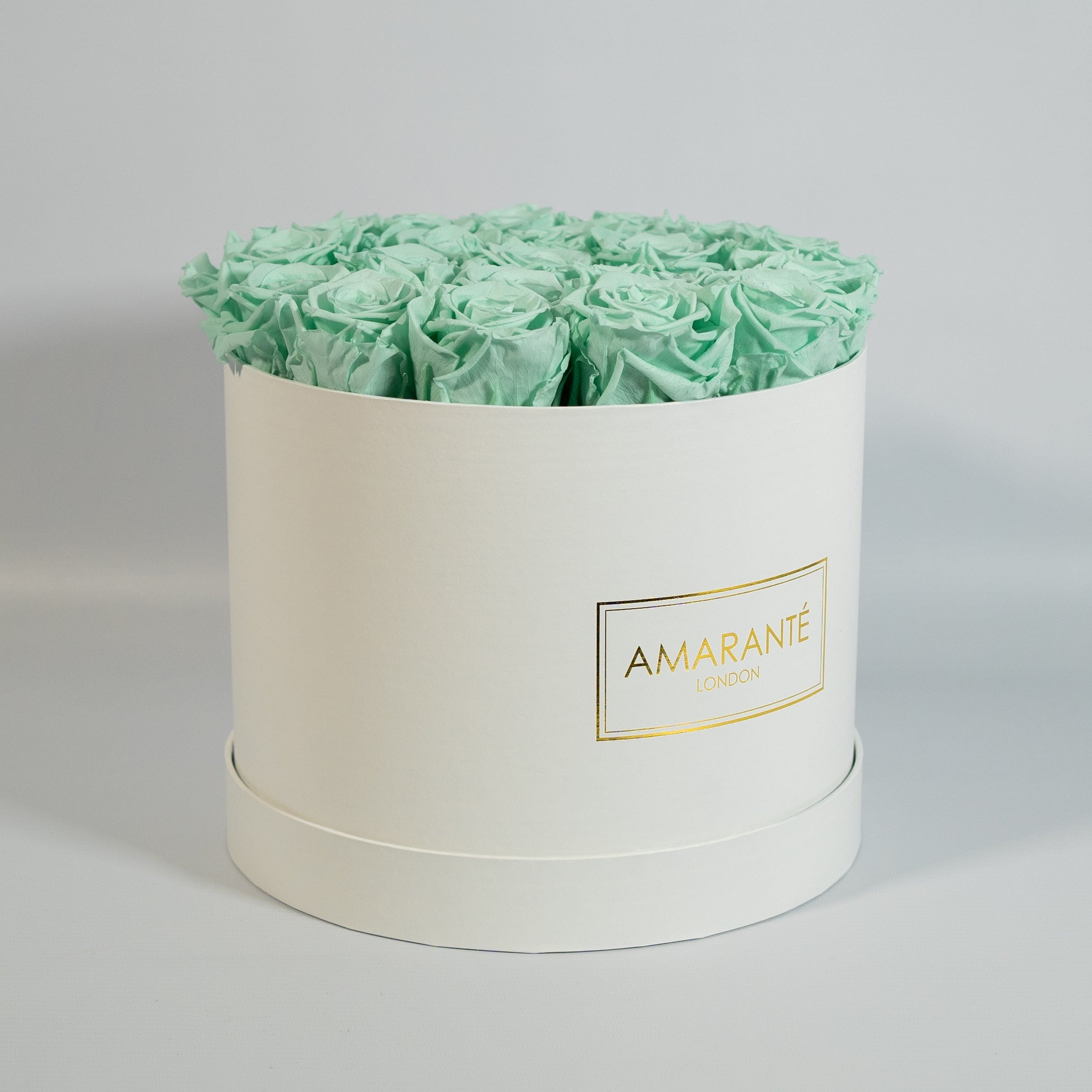 revitalsing mint green roses featured in a chic white large box 
