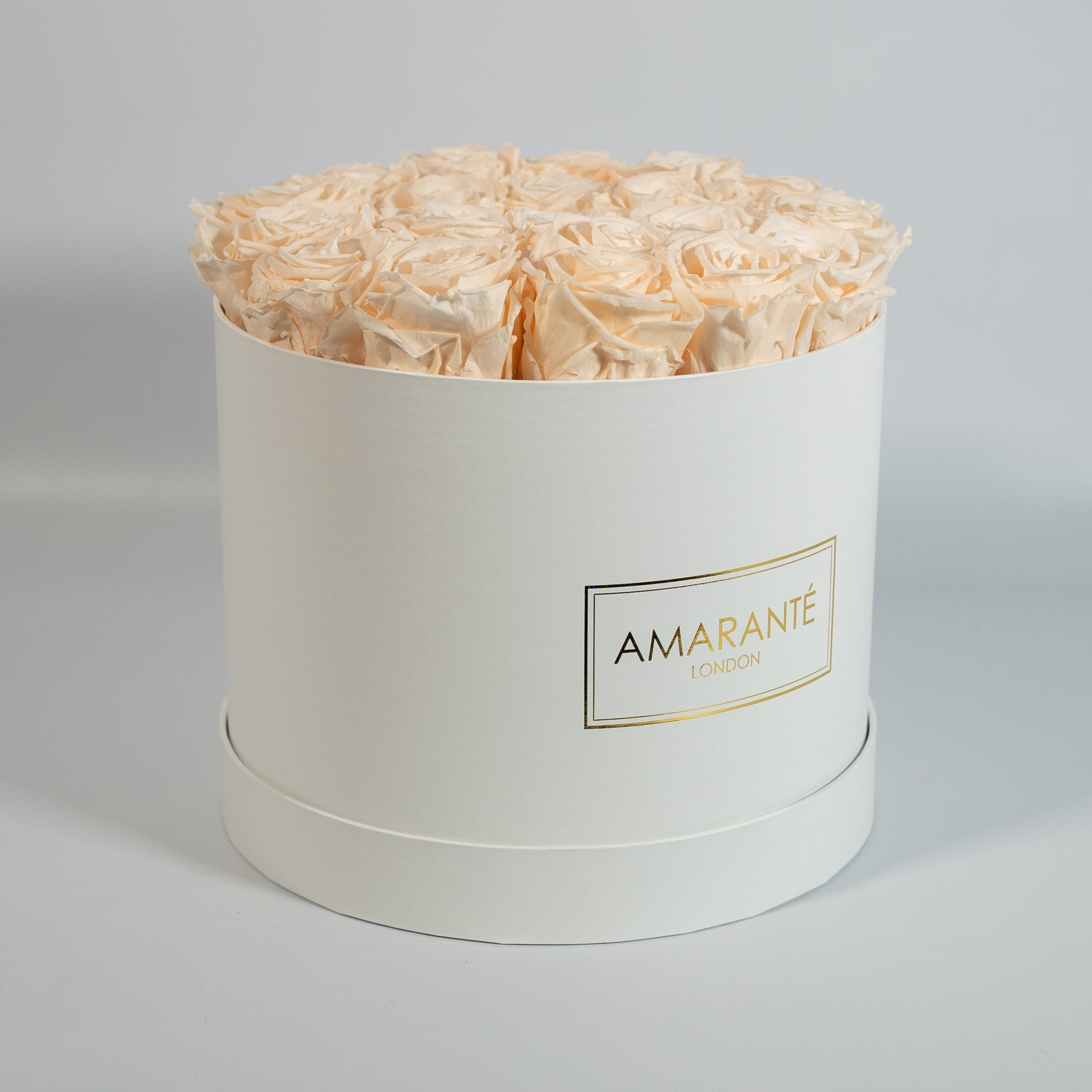 Exciting champagne Roses displayed in a modish white large box