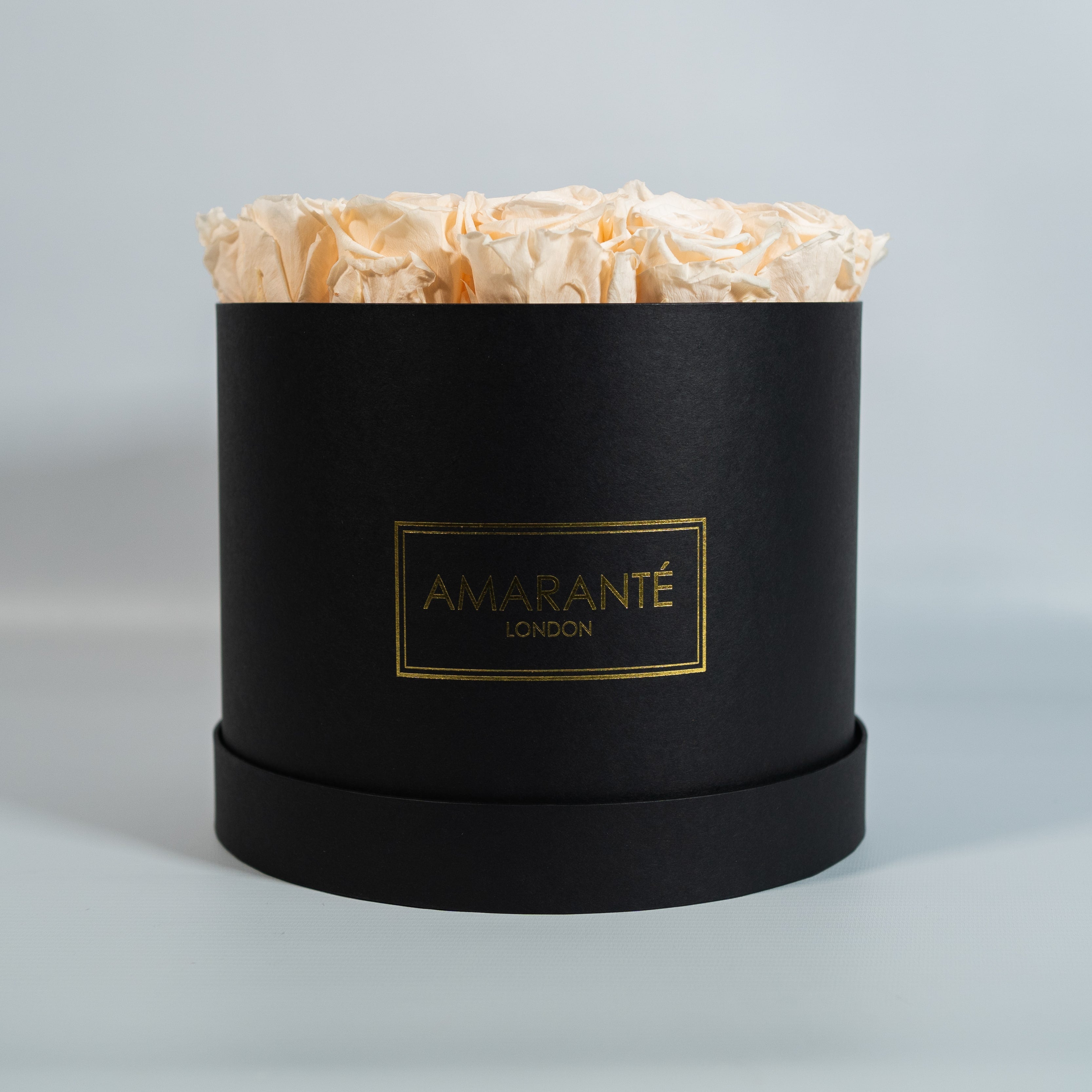 Exciting champagne coloured Roses, in a luxurious black box 