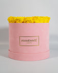 Delightful yellow Roses in a vogueish pink suede box