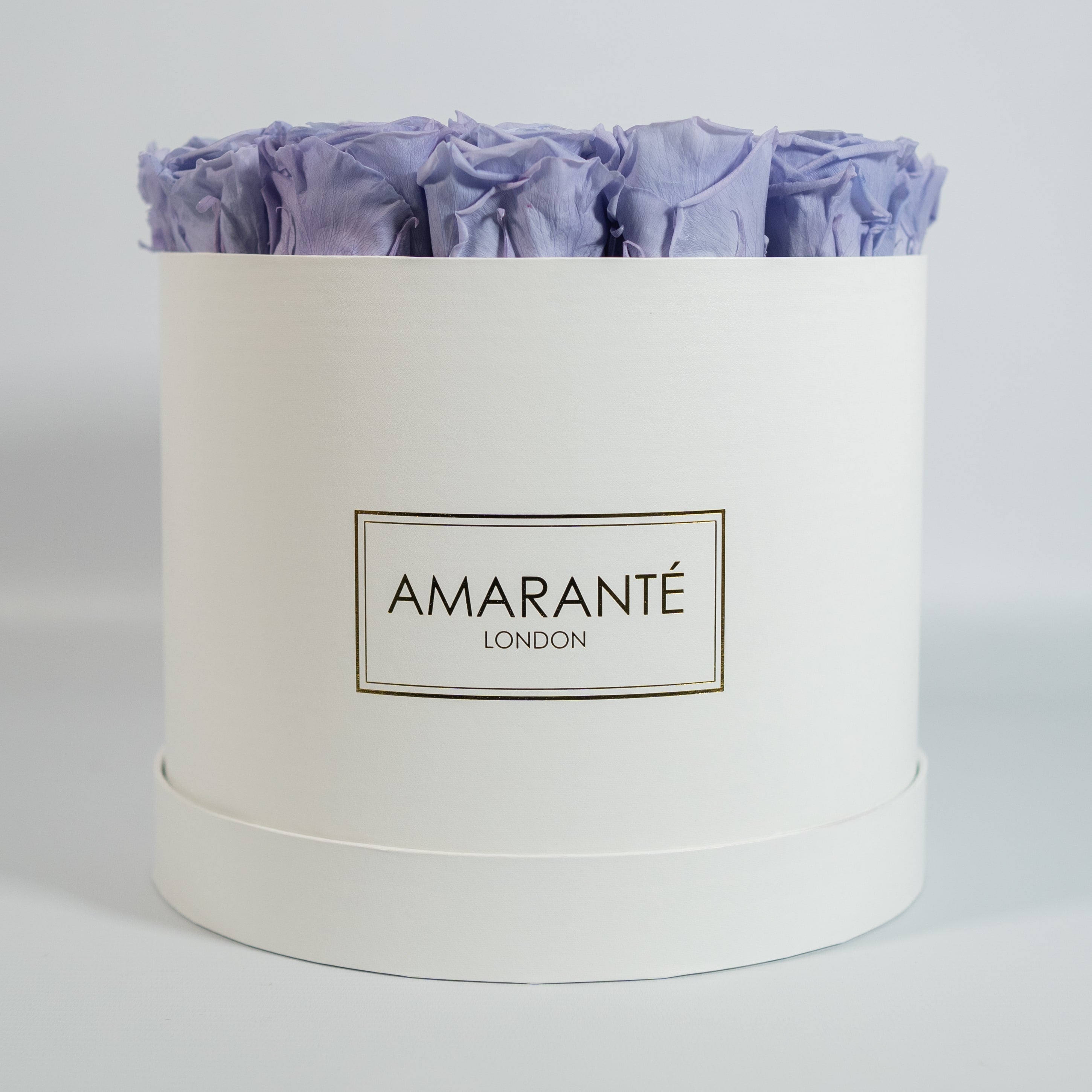 Exotic lavender Roses shown in a gorgeous white large box