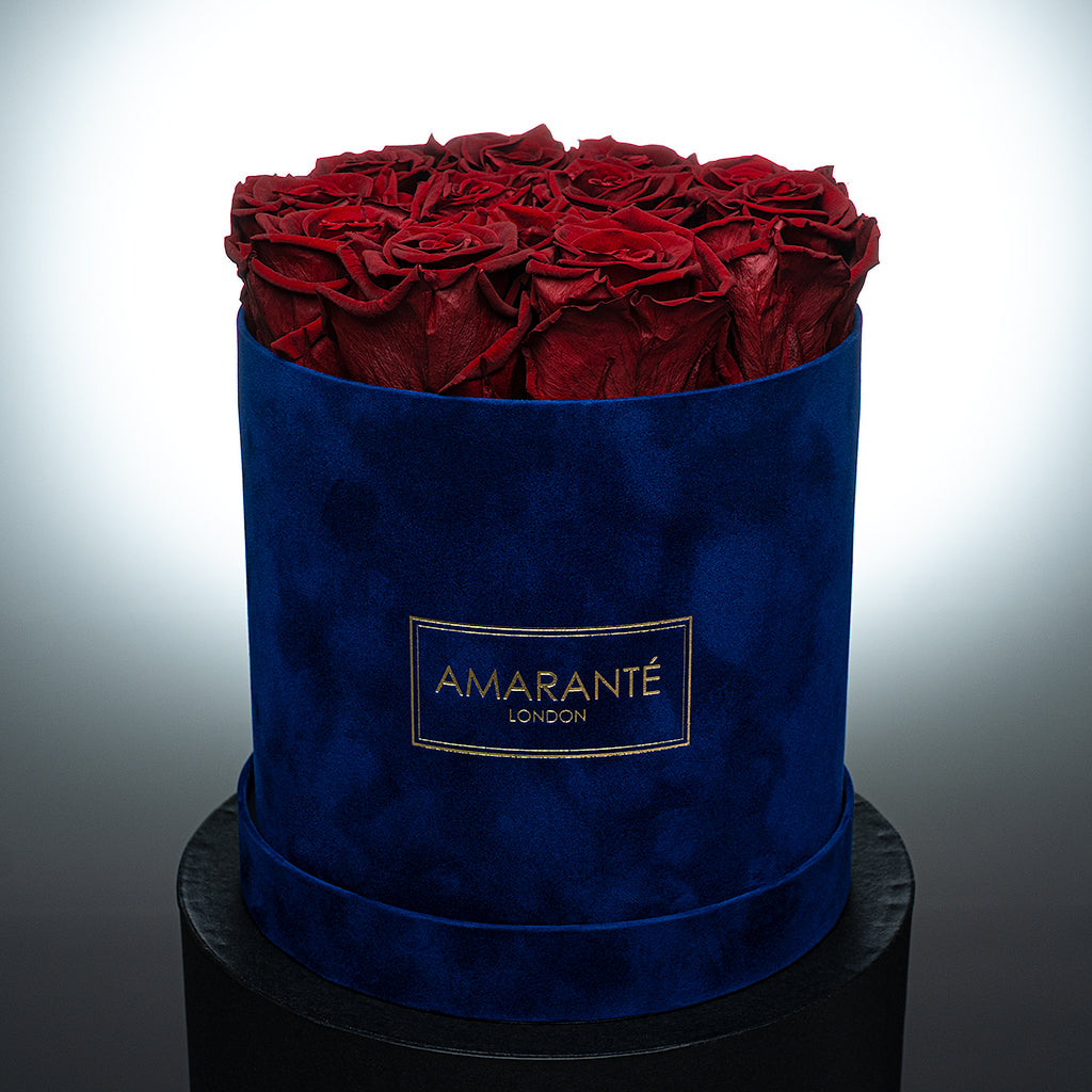 Medium Round Royal Blue Suede Rose Box