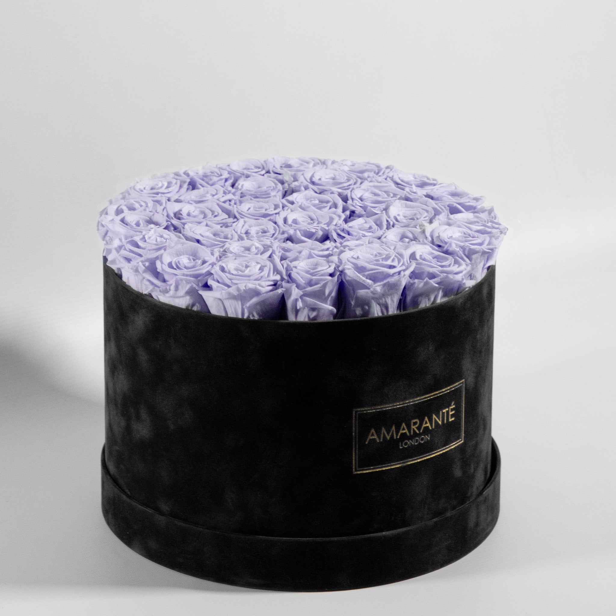 luxurious Lavender Roses in a chic black pack, symbolising care and protection.