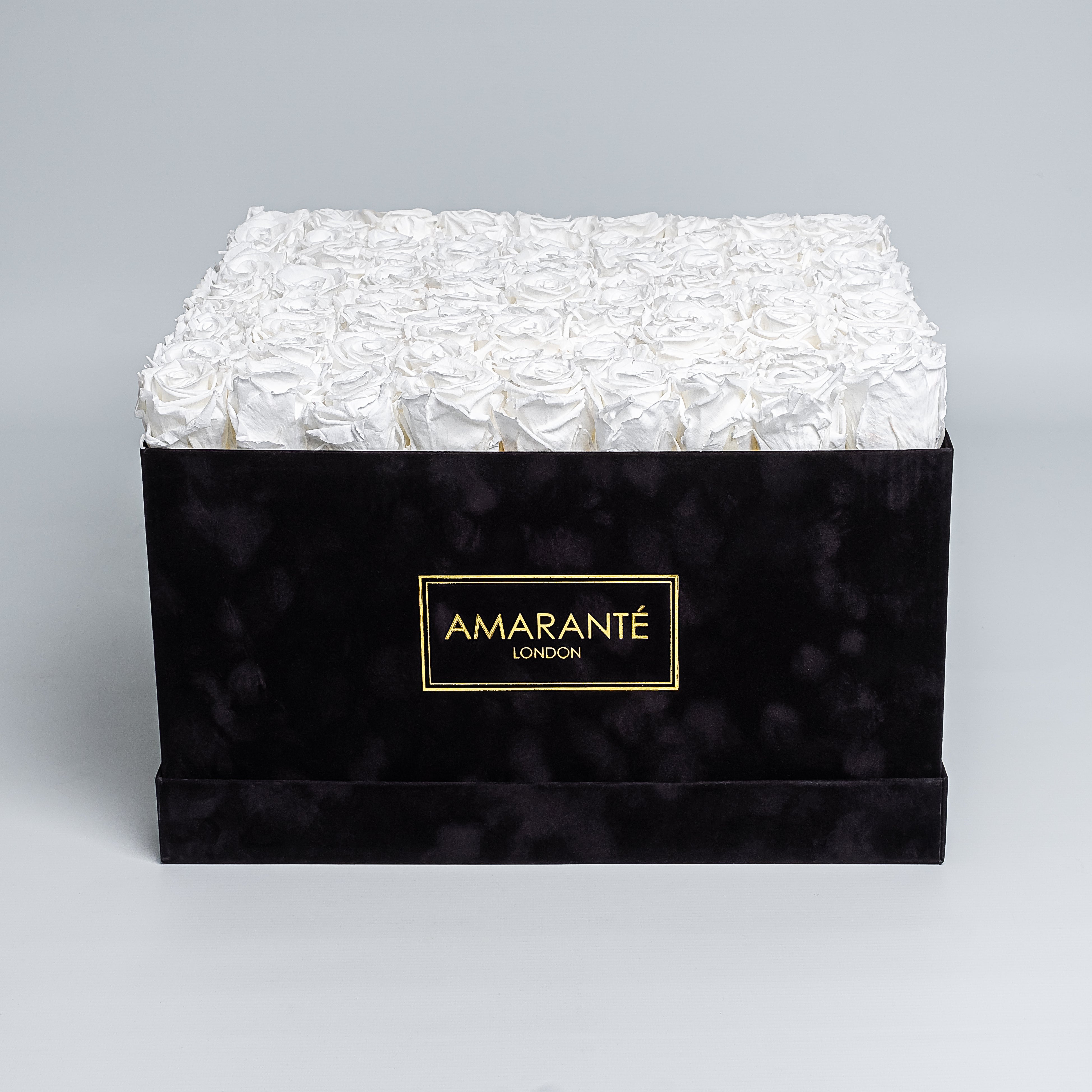 Luxurious black square rose box with suede finish, containing a hundred white infinity roses, perfect for love gestures. Free UK delivery, 16" size,