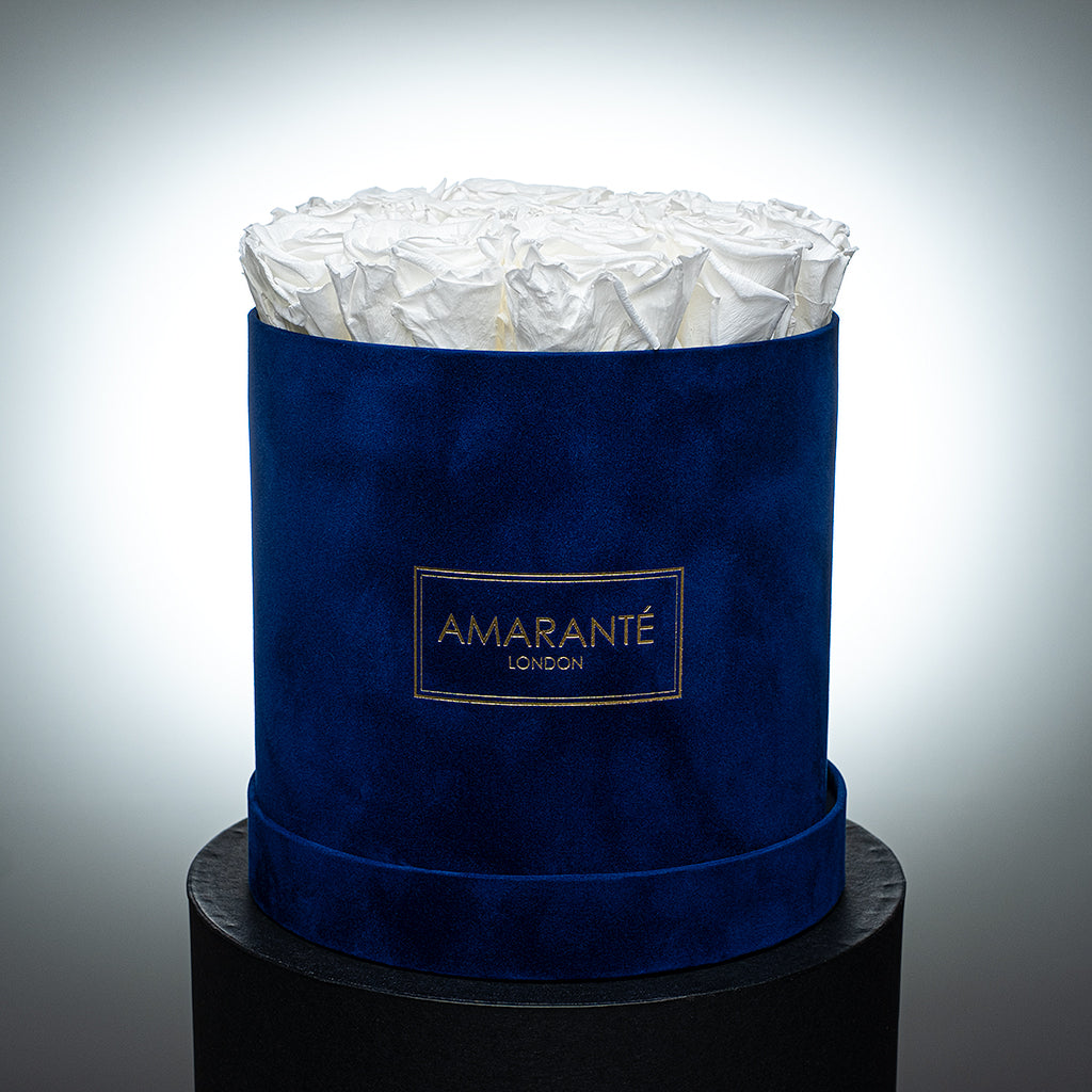 Medium Round Royal Blue Suede Rose Box