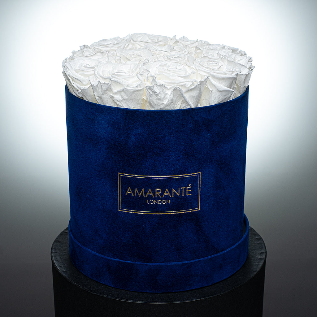 Medium Round Royal Blue Suede Rose Box