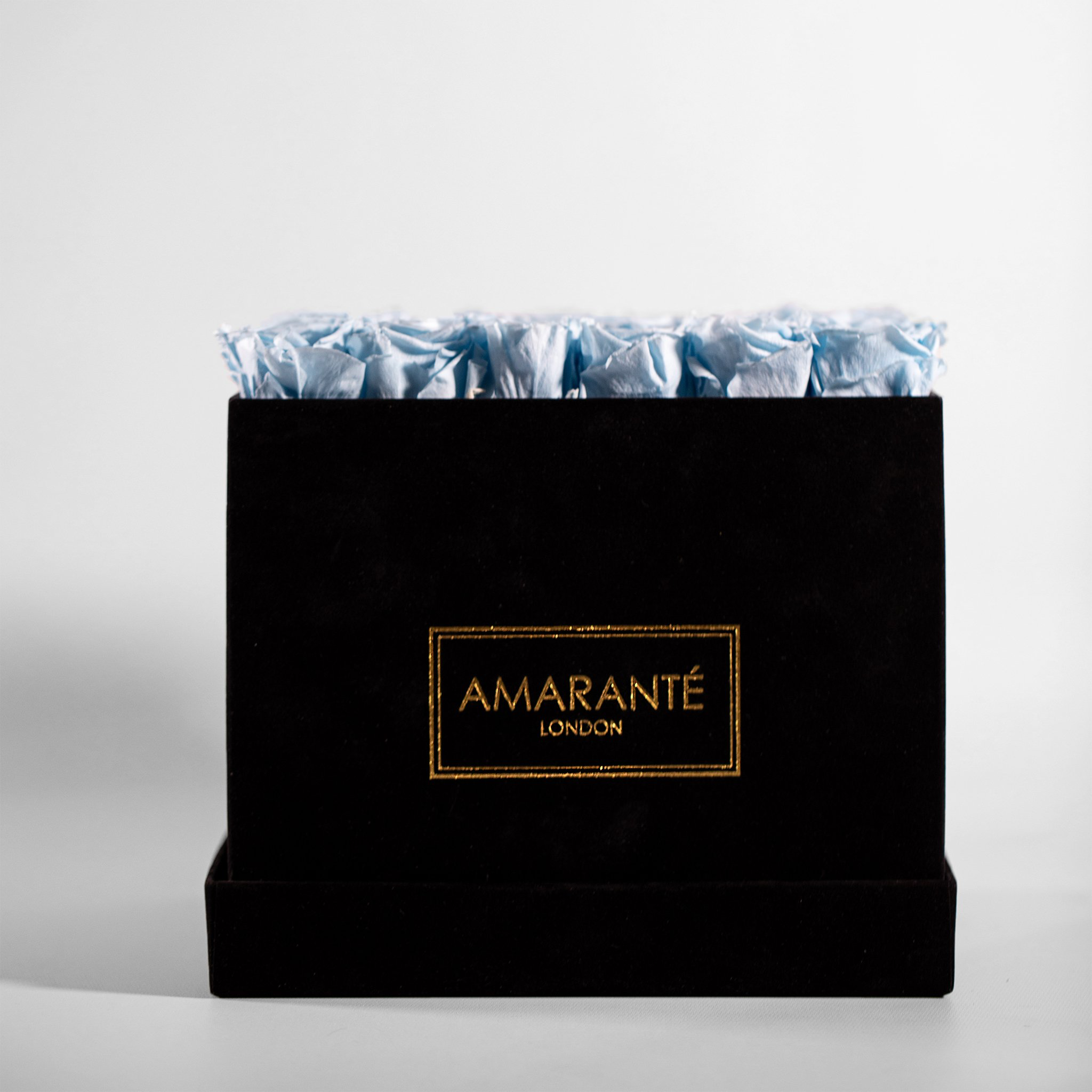 Stunning light blue Roses featured in a dreamy back square large box