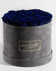 Dreamy royal blue Roses accessible in a large round grey box