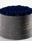 Chic royal blue Roses photographed in a dreamy grey box