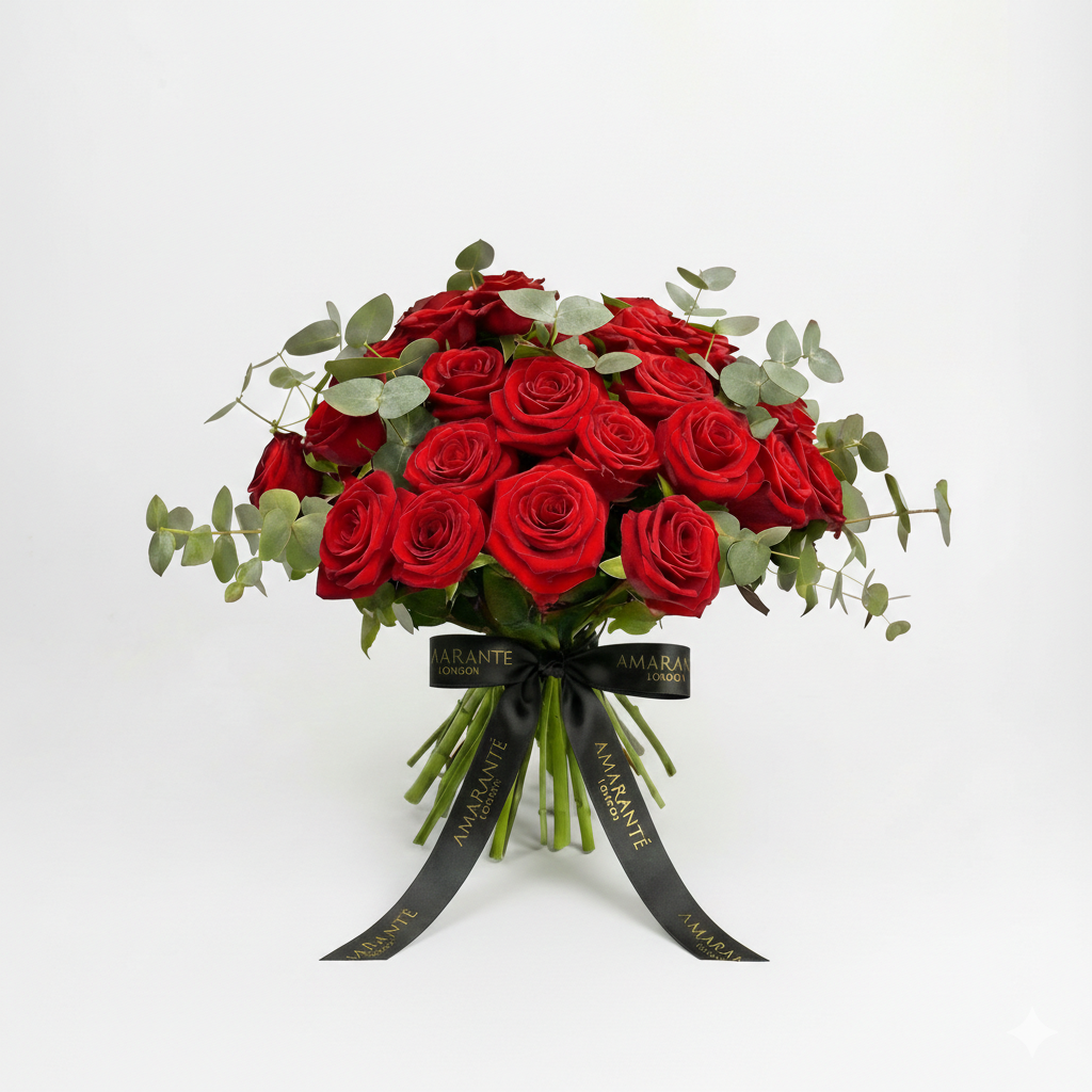 Exquisite red rose bouquet with eucalyptus leaves arranged in classic dome formation, tied with signature black Amarante London ribbons - elegant Valentine's Day luxury floral arrangement perfect for expressing passionate love - Amaranté London