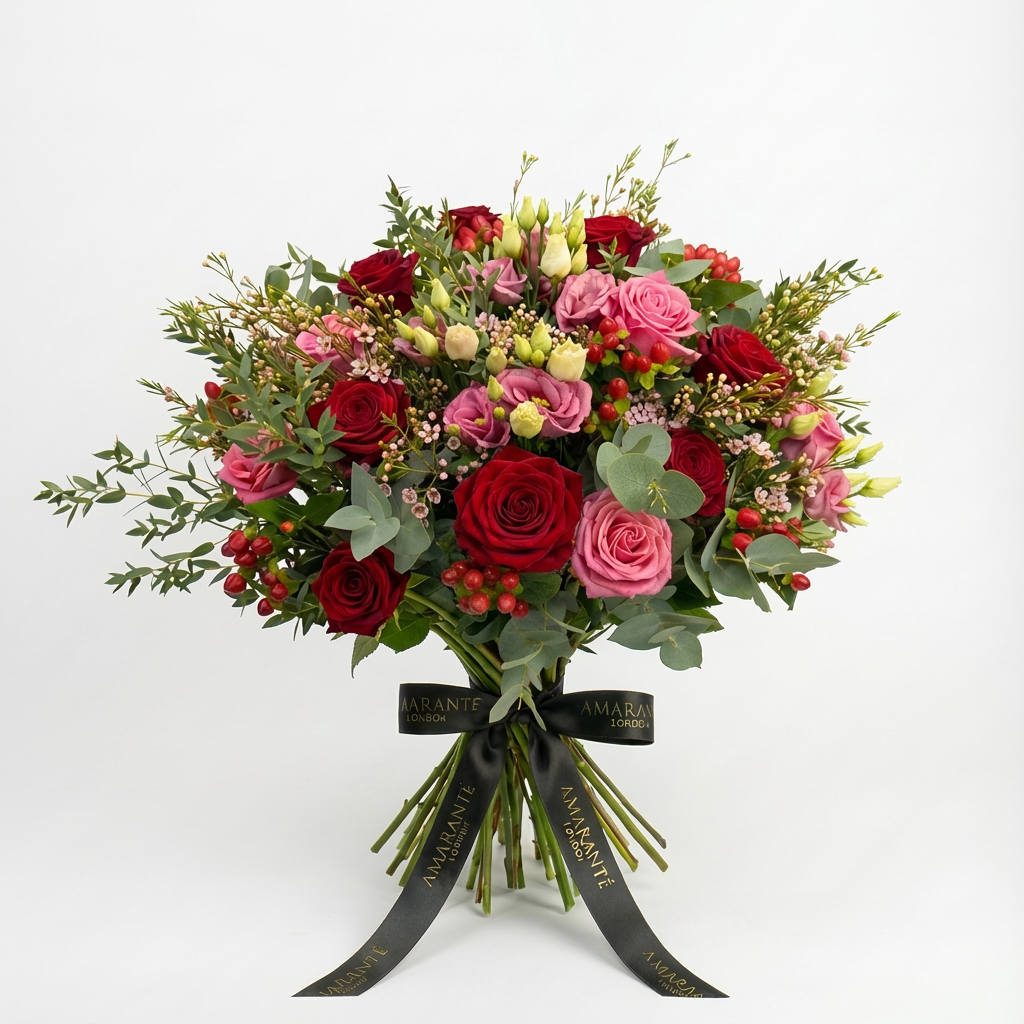 Luxury Aurora Valentine's bouquet featuring deep red roses, bright pink roses, soft pink lisianthus, delicate waxflower sprigs, and eucalyptus foliage tied with elegant black Amarante London ribbon - Amaranté London