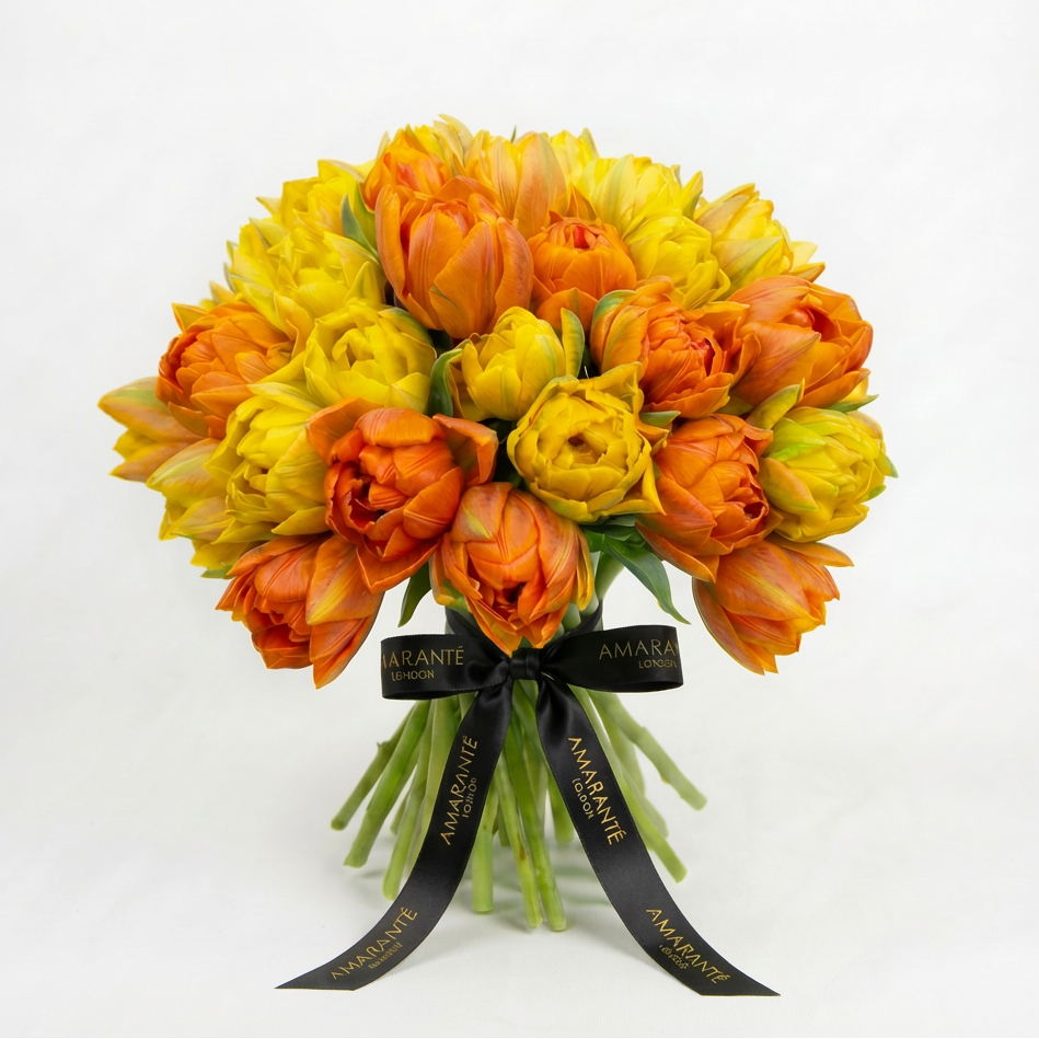 Luxurious bouquet of golden and orange tulips arranged in rounded dome shape, tied with elegant black Amarante London ribbon against white background - Amaranté London