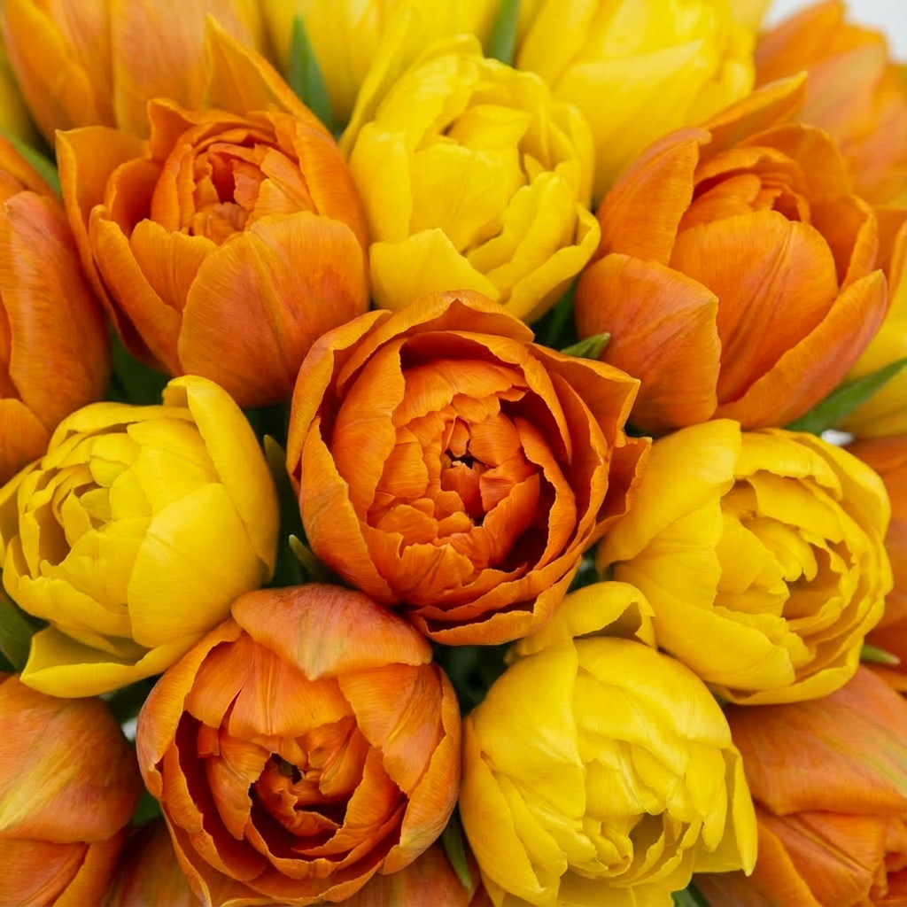 Close-up view of vibrant yellow and orange tulips with layered ruffled petals creating textured, romantic Valentine's Day arrangement - Amaranté London
