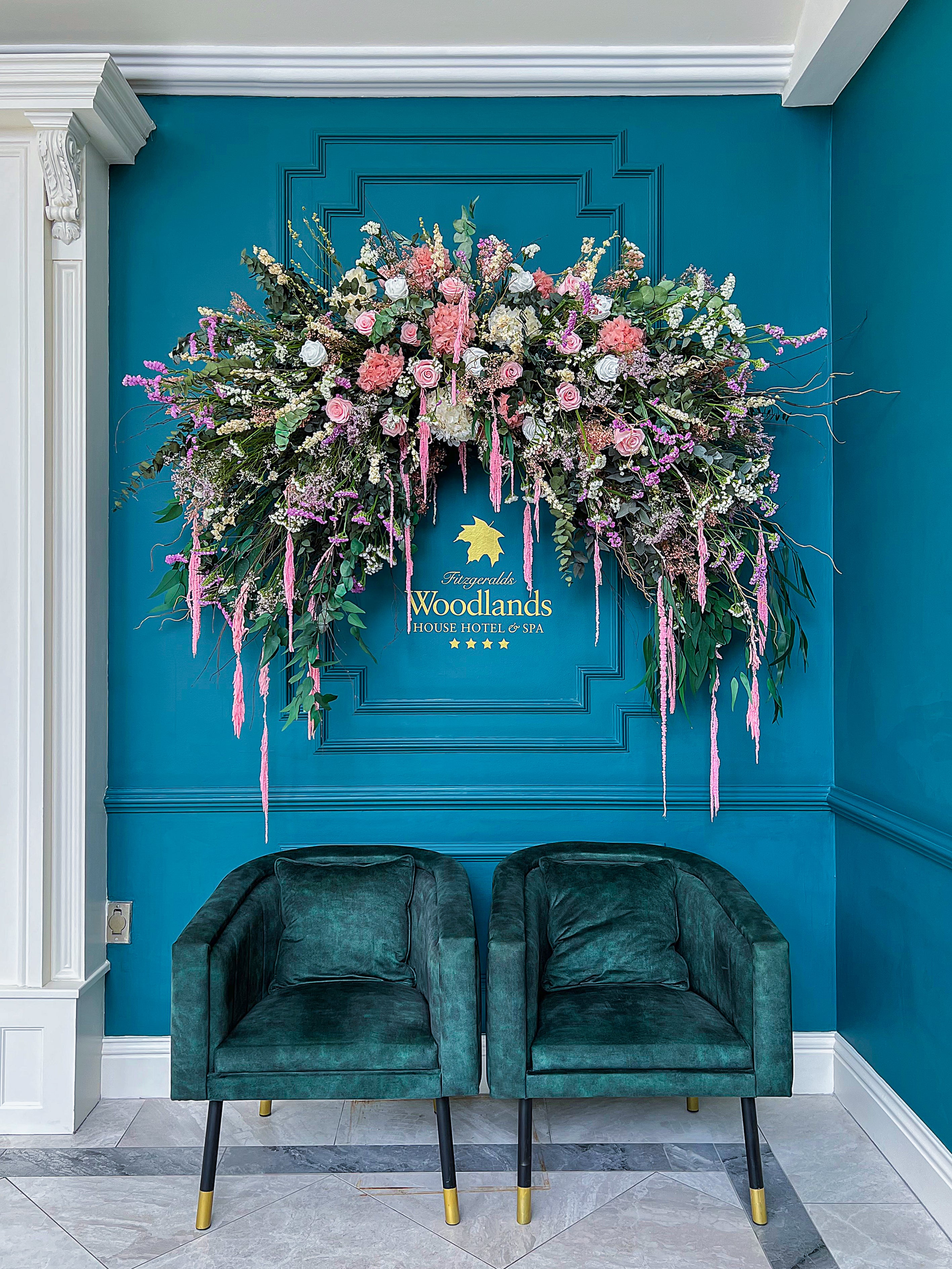 A beautiful hotel transformation like none other by event florist Amaranté London at Fitzgerald Woodlands Ireland hotel.