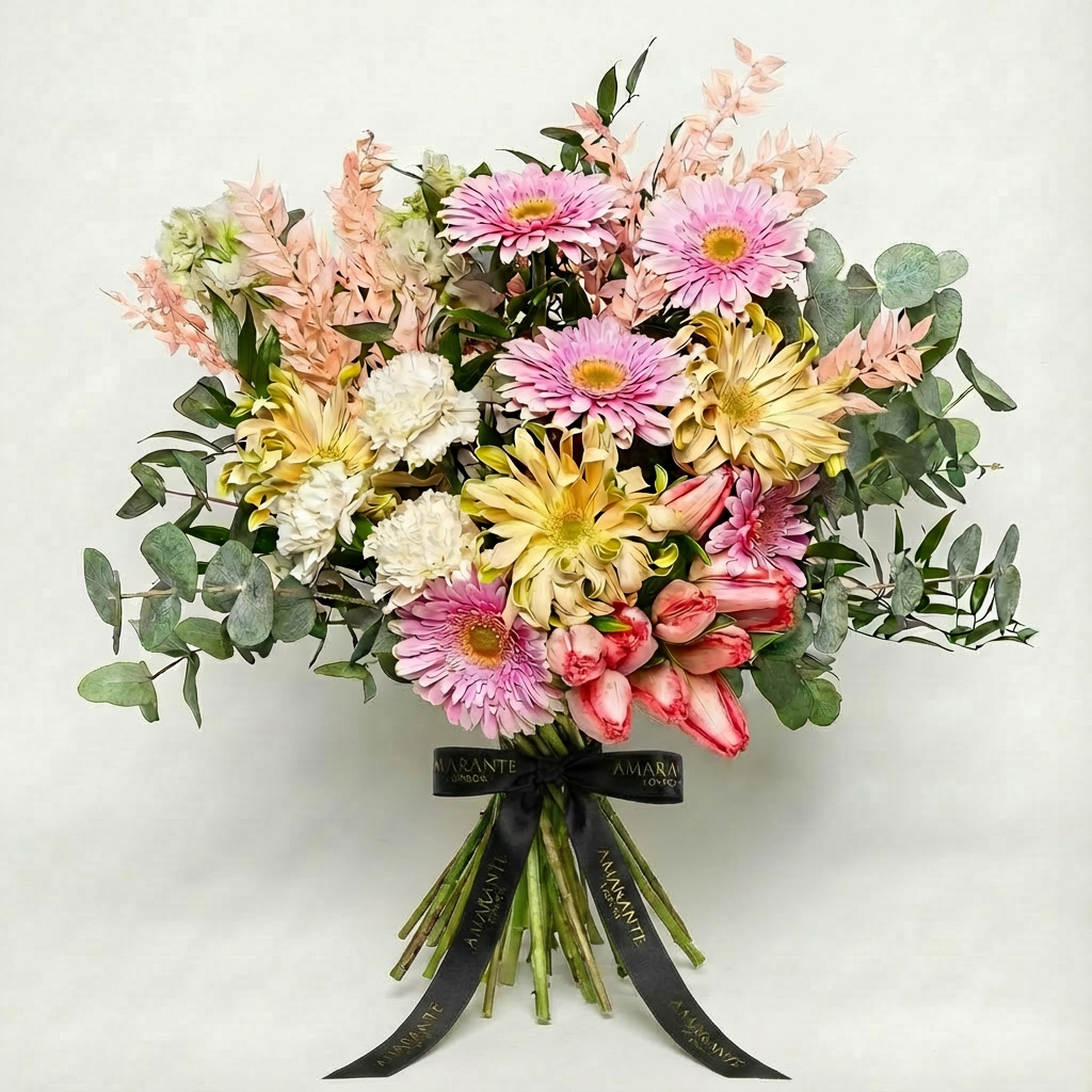 Luxury seasonal bouquet featuring pink gerbera daisies, yellow chrysanthemums, white carnations, coral tulips, peach foliage and eucalyptus tied with elegant black Amarante London ribbon