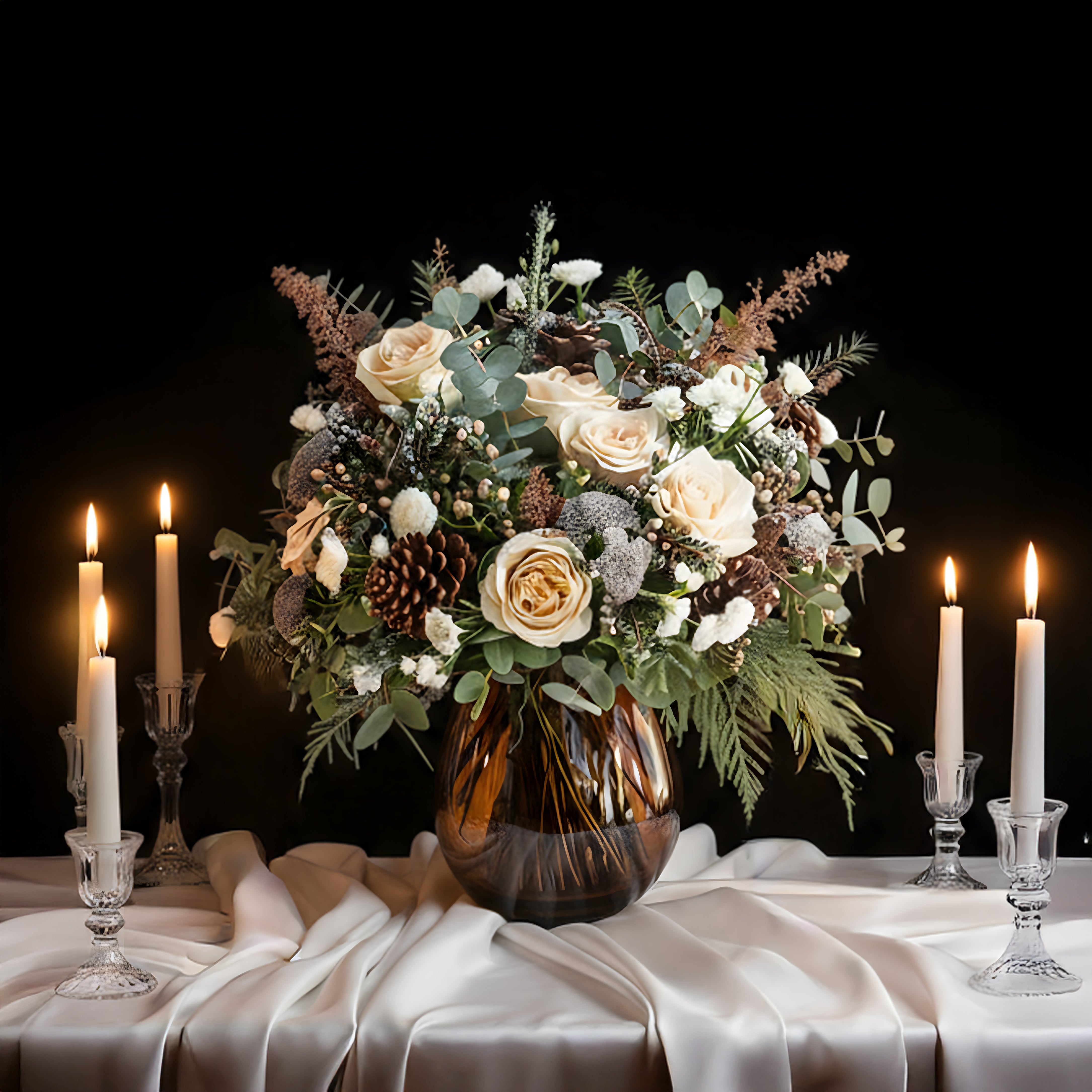 Elegant Christmas table arrangement featuring cream and pale peach roses, white carnations, dried ornamental grasses in rust and taupe tones, pinecones, eucalyptus and fern foliage in soft green, arranged in a dark amber glass vase on white draped fabric, flanked by lit white candles in crystal candlesticks - Amaranté London
