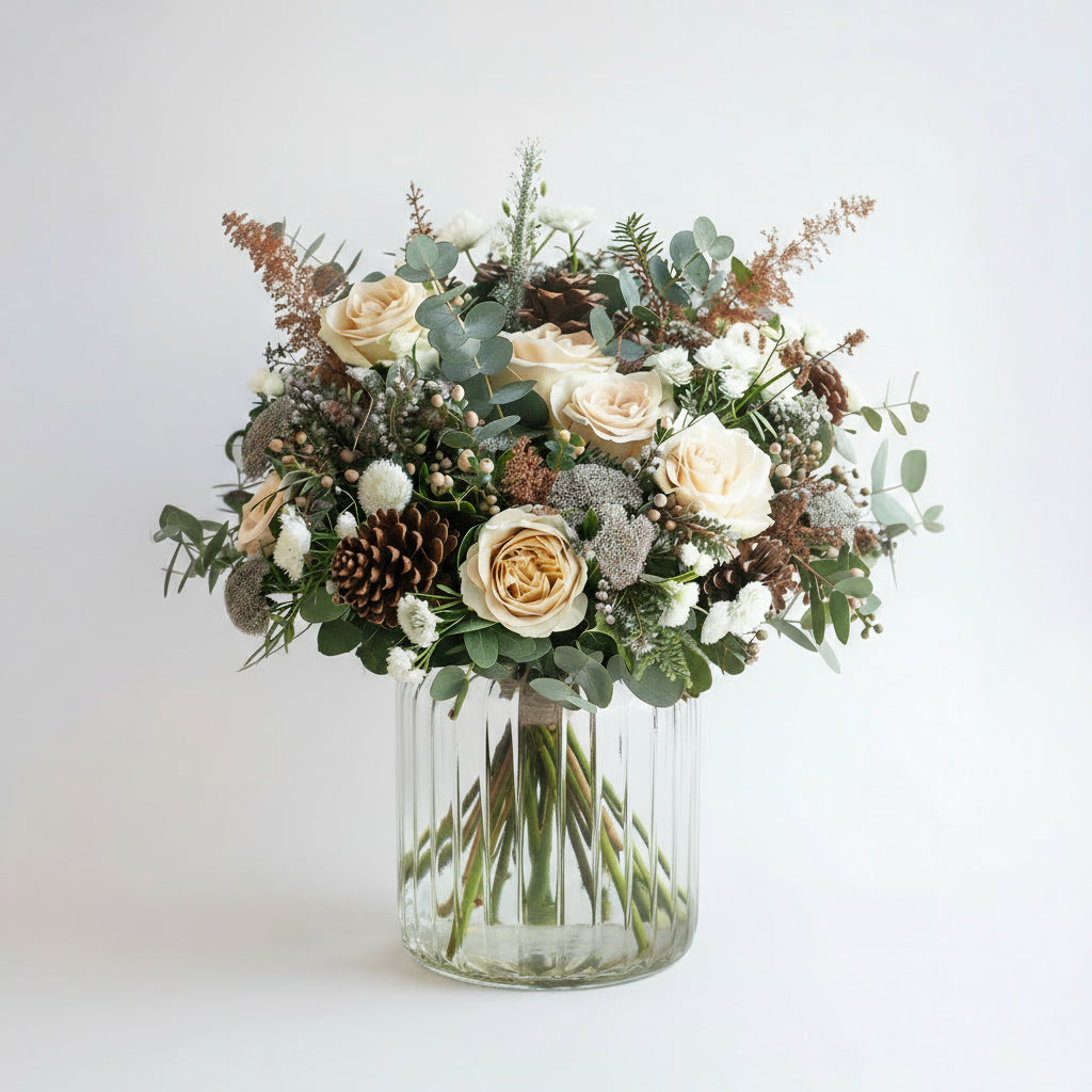 Bouquet of flowers with roses and greenery in a clear vase on a white background