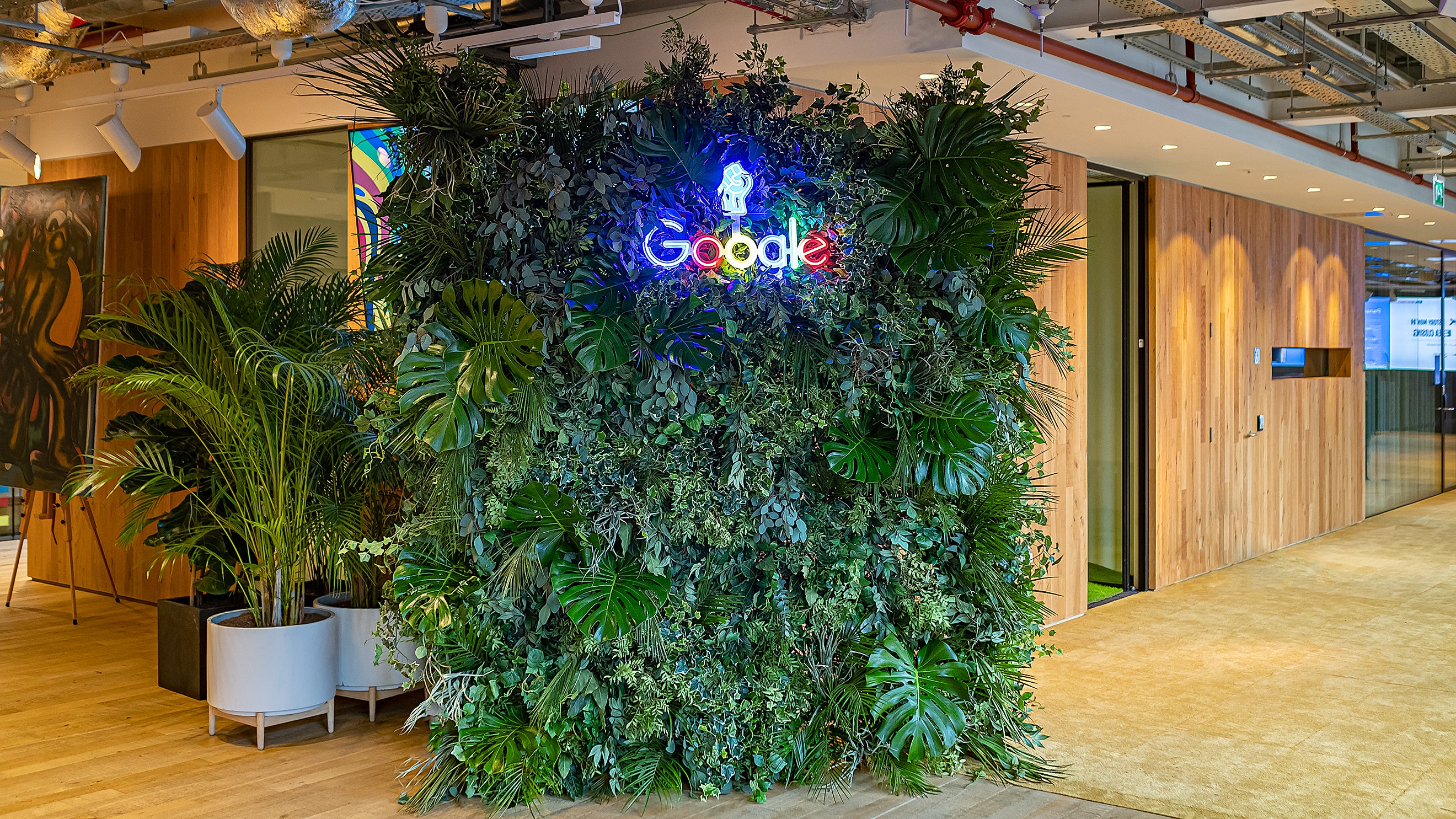 A flower wall created with sustainable forever flowers inspired by nature for client Google.