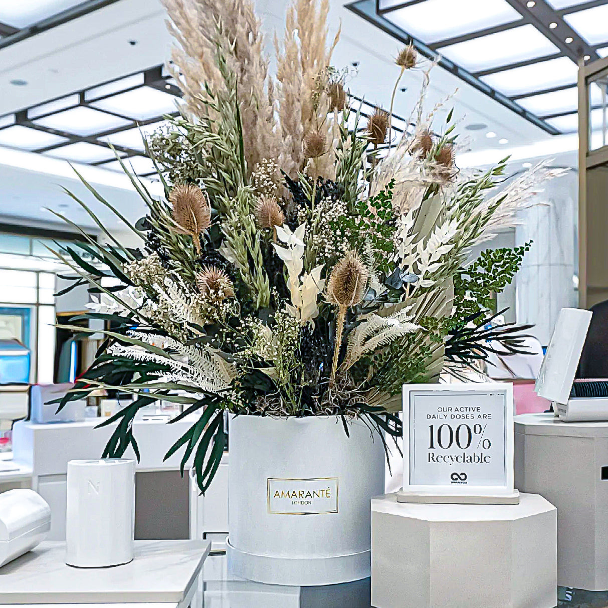 Event florist Amaranté London brought sustainable floral arrangements created with natural colours in mind to Harrod’s London store.