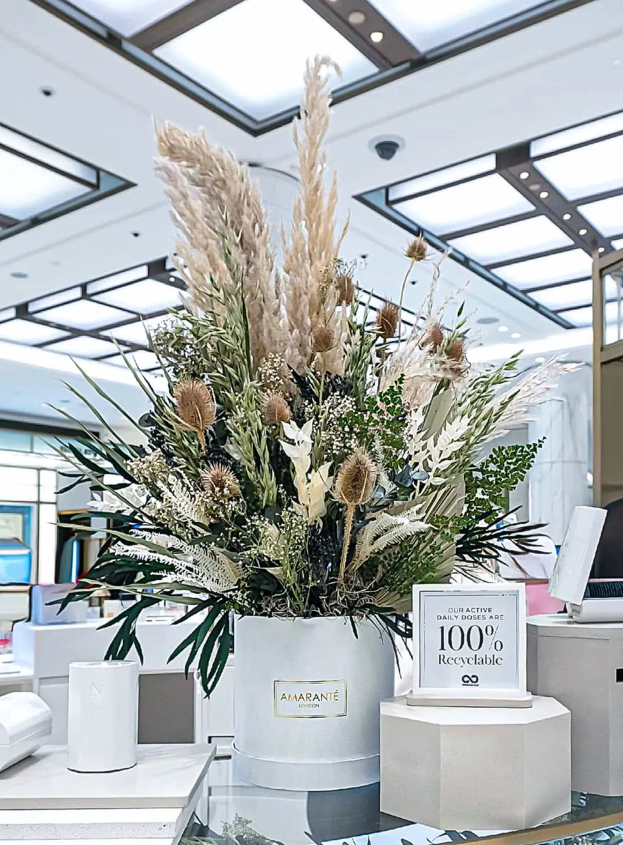 Event florist Amaranté London brought sustainable floral arrangements created with natural colours in mind to Harrod’s London store