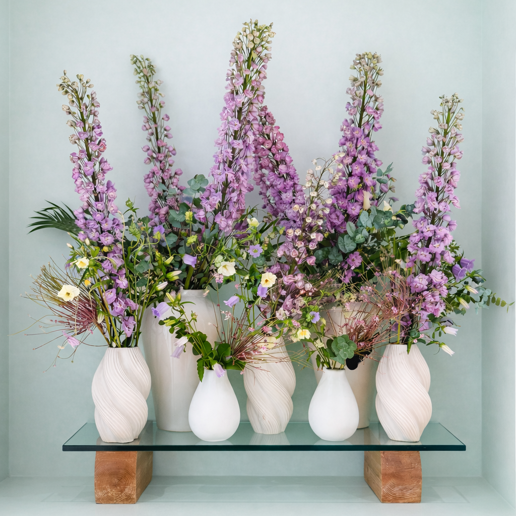 Collection of seasonal floral arrangements featuring purple delphiniums and mixed botanicals in white ceramic vases, styled for a London restaurant flower contract