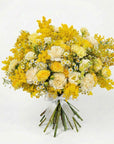 Luxury yellow mimosa bouquet with golden spray roses, cream carnations and white chamomile daisies hand-tied with sage ribbon against neutral background - Amarante London