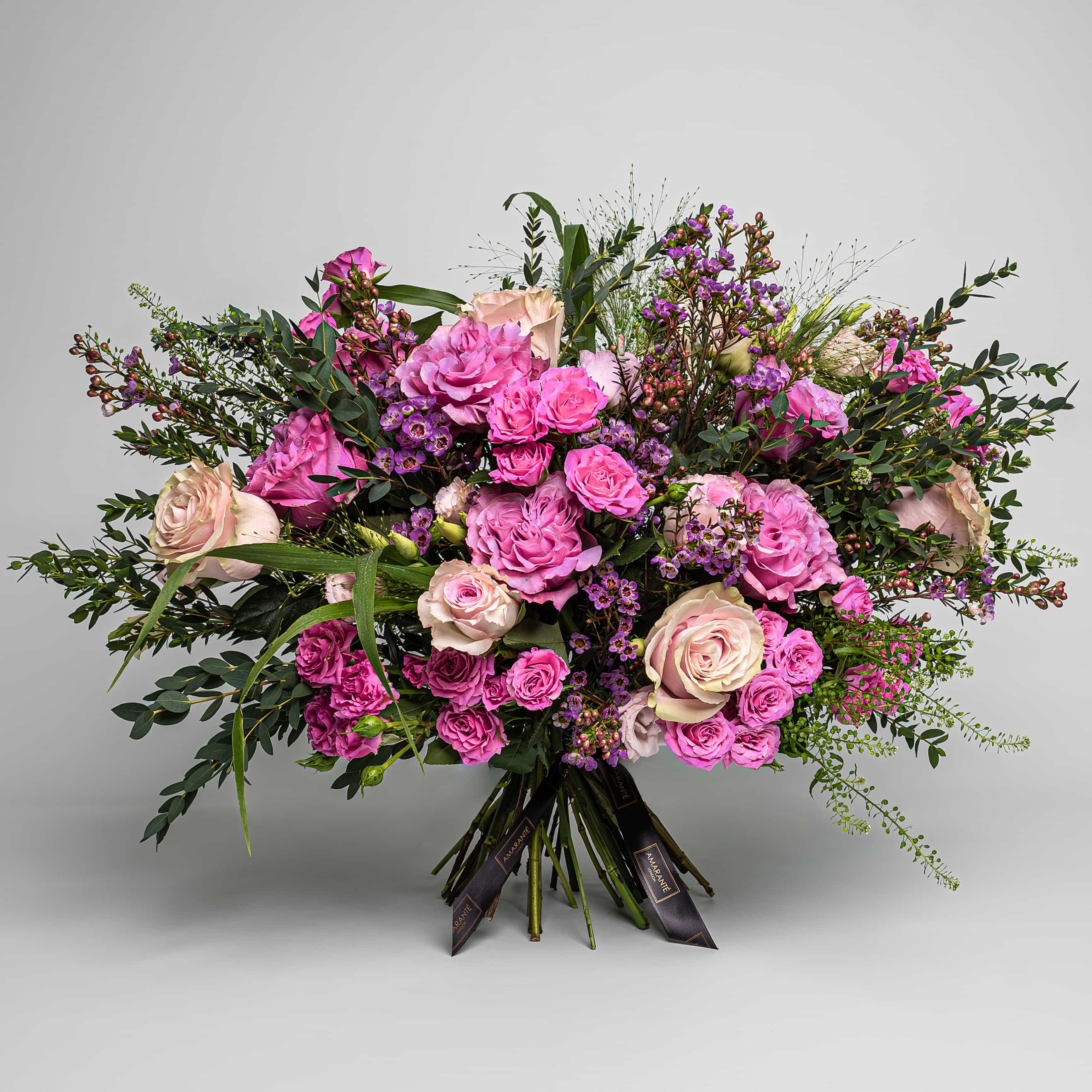 An enchanting bouquet of fresh Valentine&#39;s Day flowers featuring a stunning mix of pink roses, symbolising love and affection. This sophisticated arrangement is a chic and stylish way to express your feelings this lover&#39;s day. Free UK delivery on this luxury bouquet.