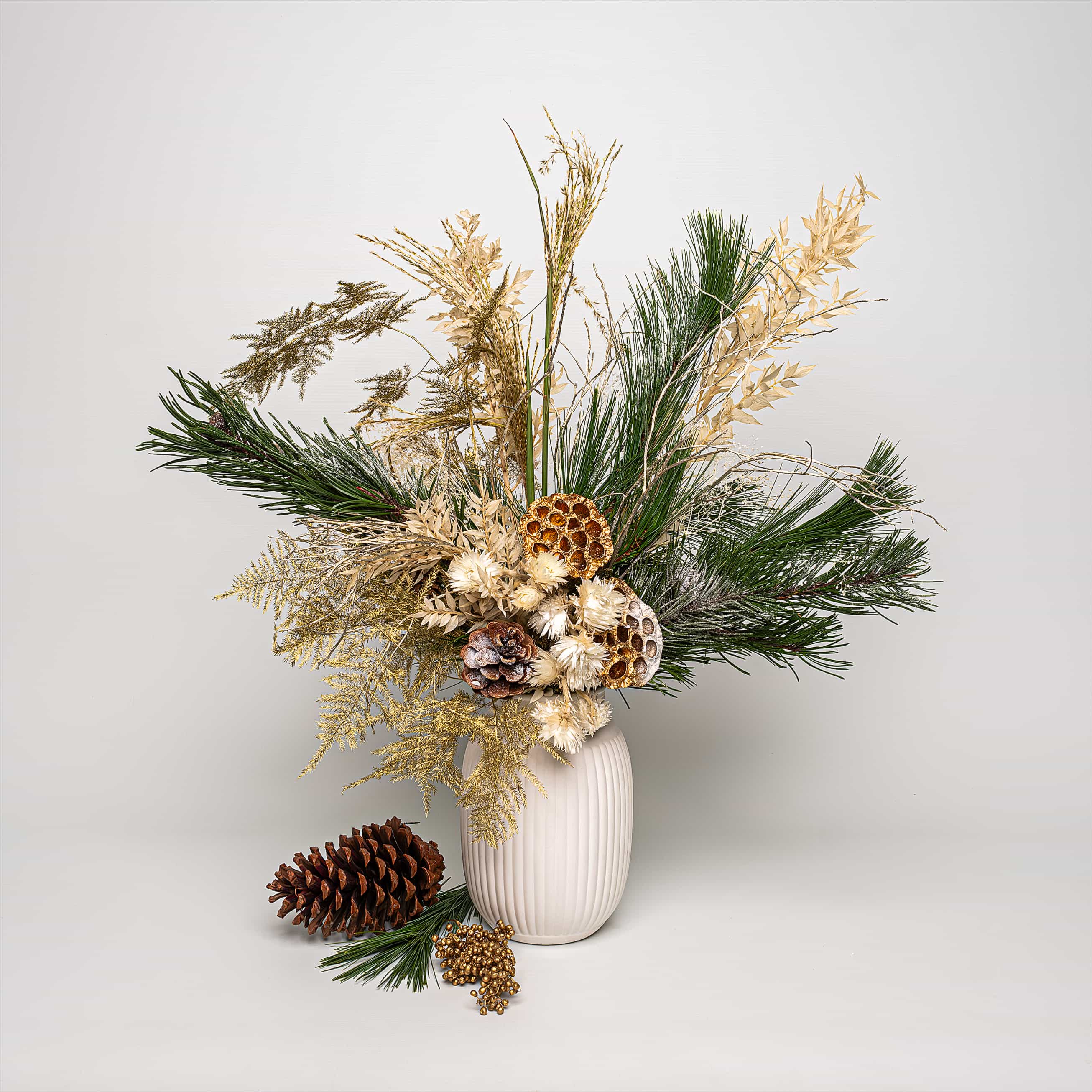 Medium Christmas Bouquet: Prague collection inspired by the hues of regal golds, rich reds, and historic greens of this European Capital - Amaranté London