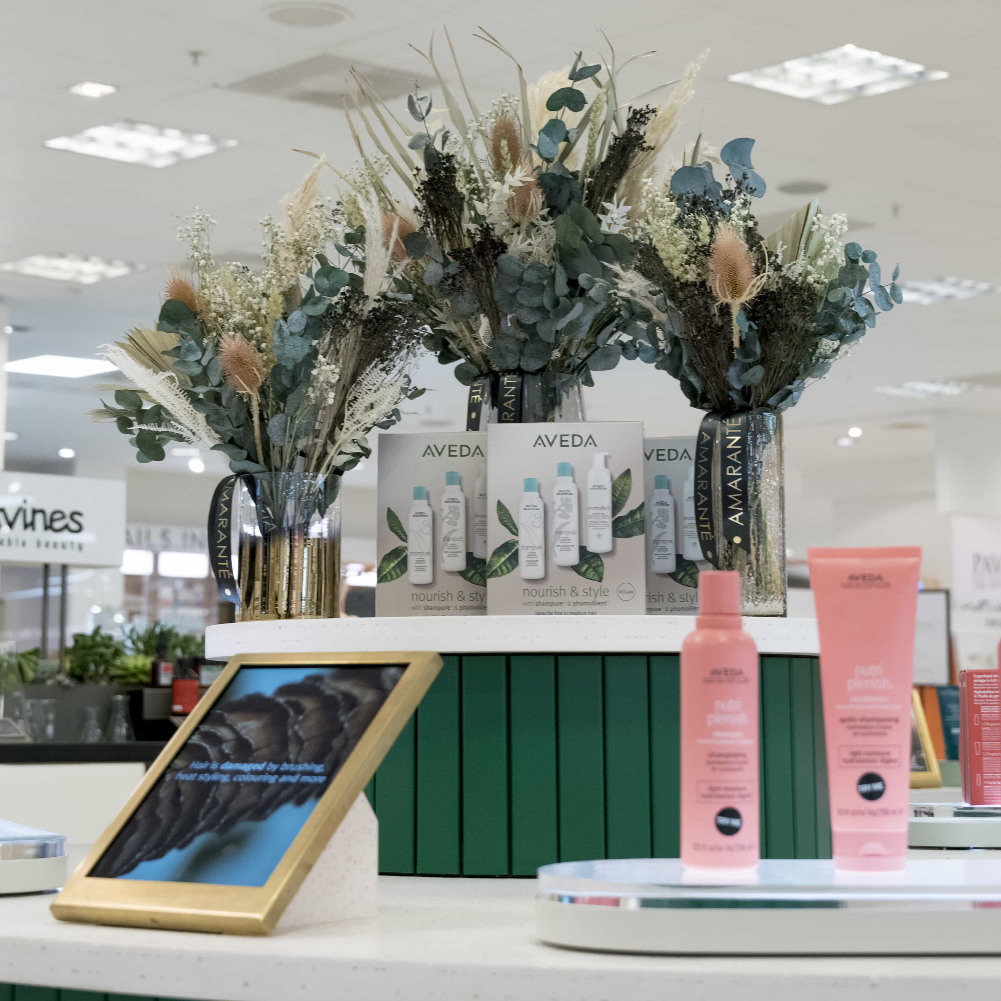 For their stand in Selfridge’s London store, Aveda partnered with event florist Amaranté London to install a series of sustainable arrangements.