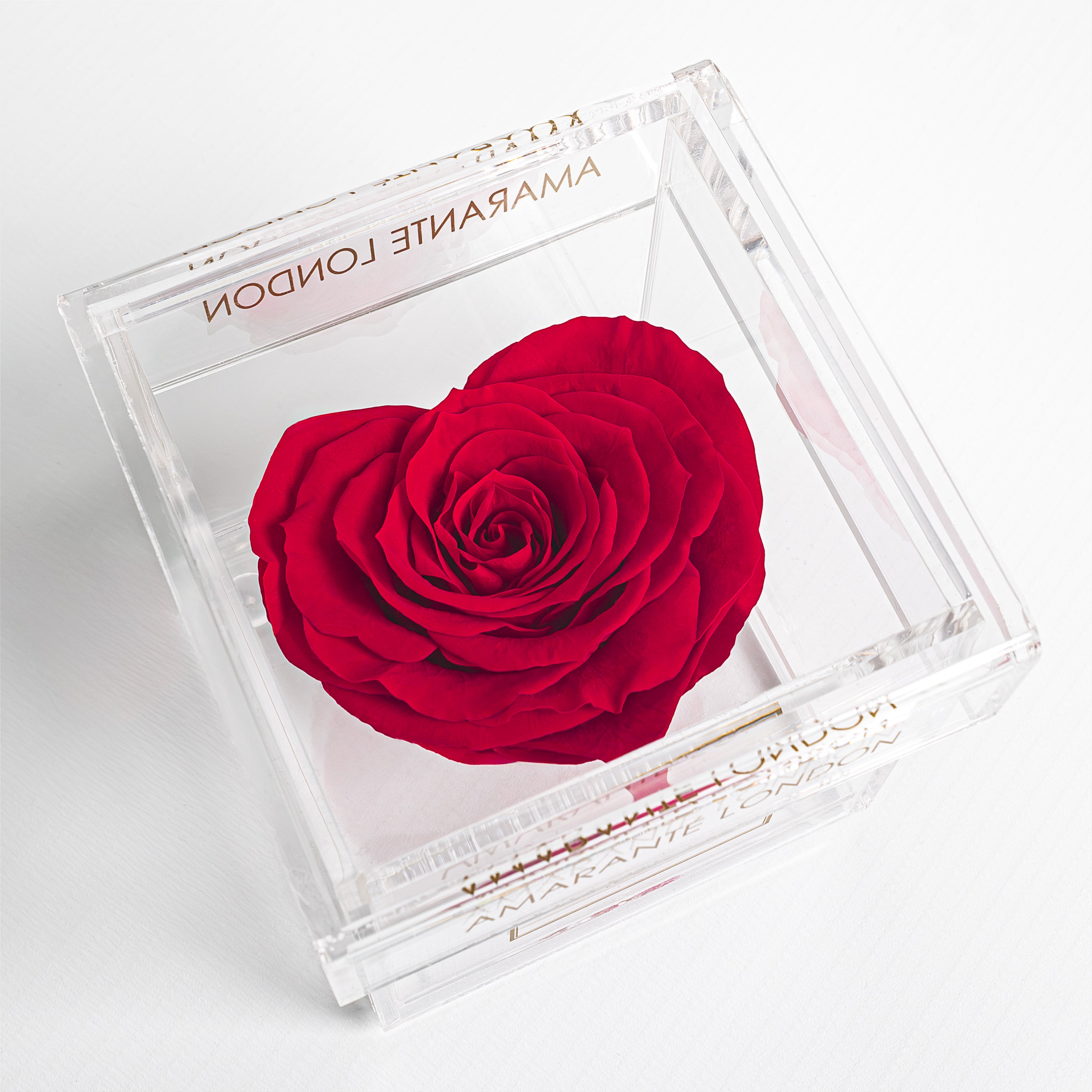 Single Red Rose in the shape of a heart in acrylic transparent box - Amaranté London