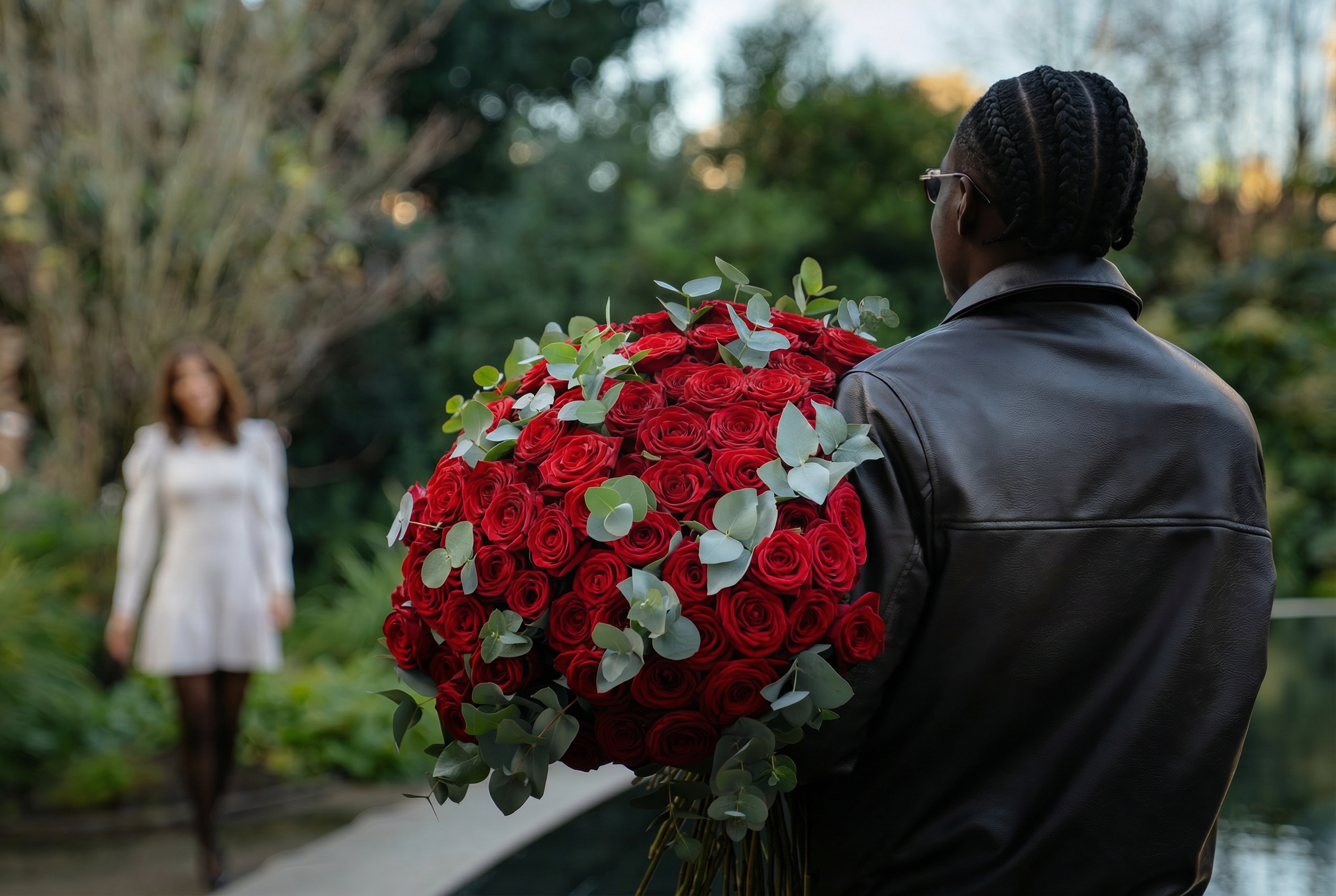 A man holding a large bouquet of 100 red roses with eucalyptus from Amarante London with his girlfriend approaching
