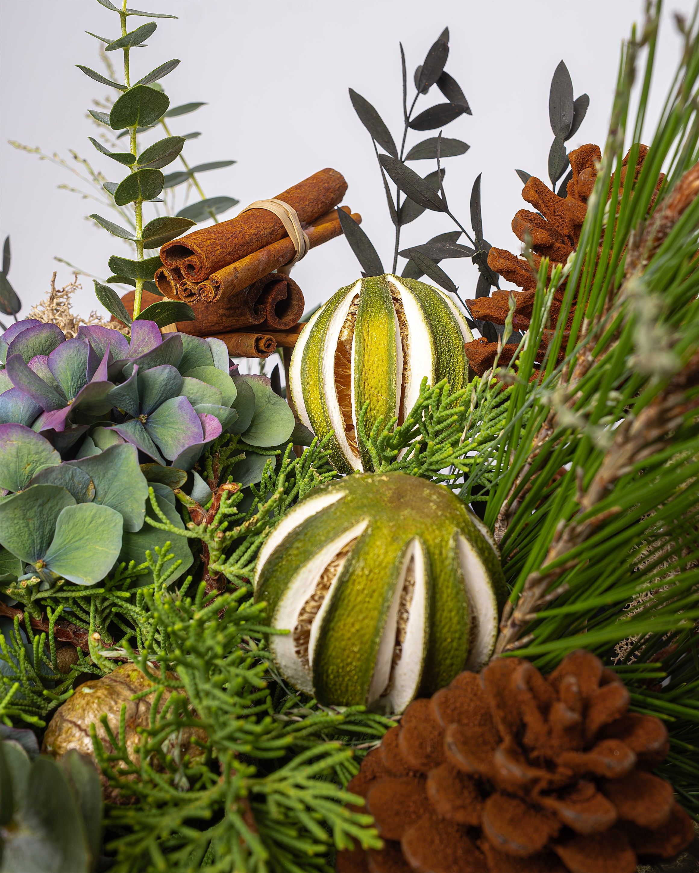 Decorative arrangement with green fruits, cinnamon sticks, and pine branches on a light gray background