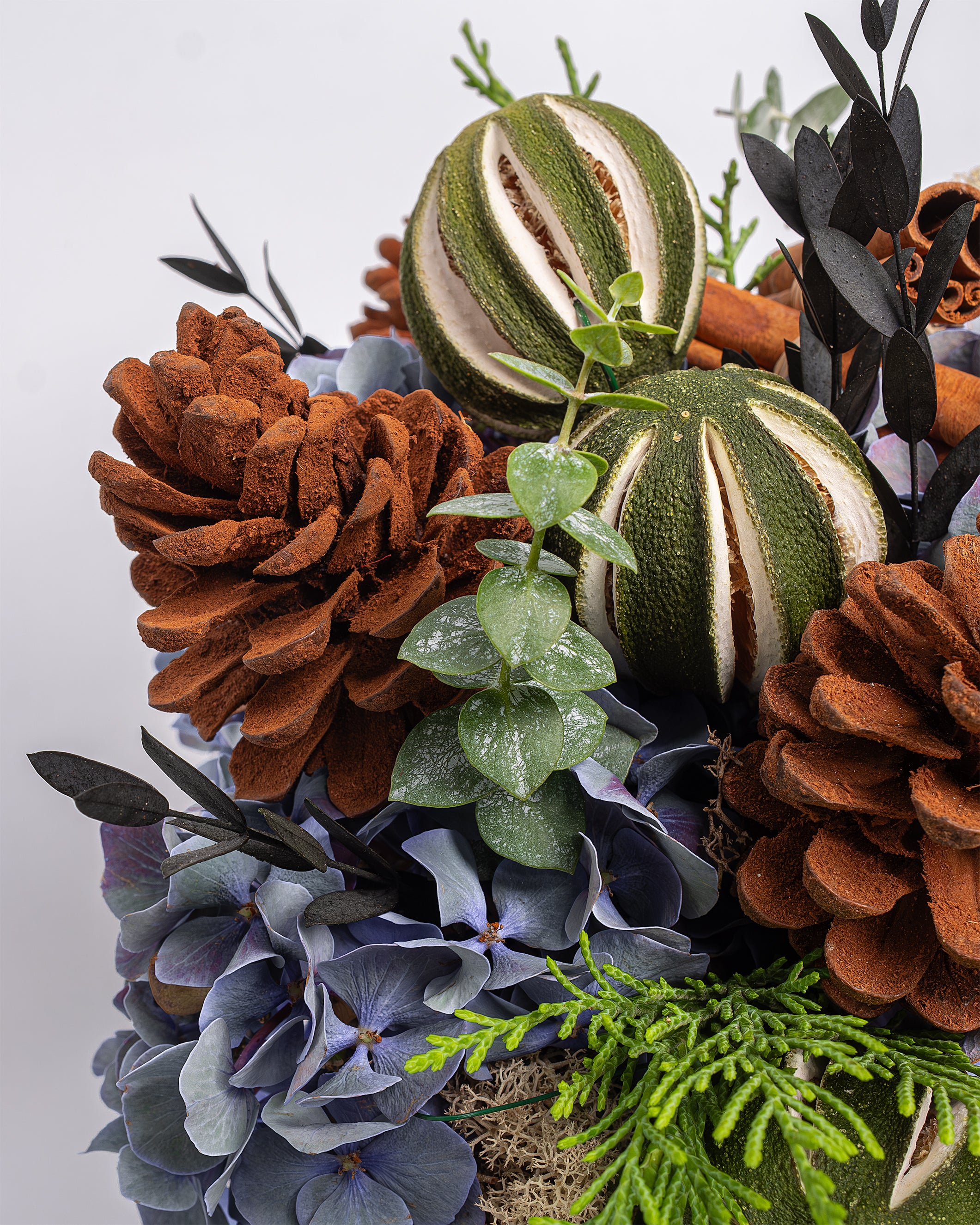 Decorative arrangement with pinecones, pumpkins, and hydrangeas on a white background