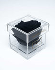 Stylish and intense, this black single infinity rose in a transparent acrylic box, is a unique symbol of love and affection to celebrate Valentine's Day and other memorable romantic events.