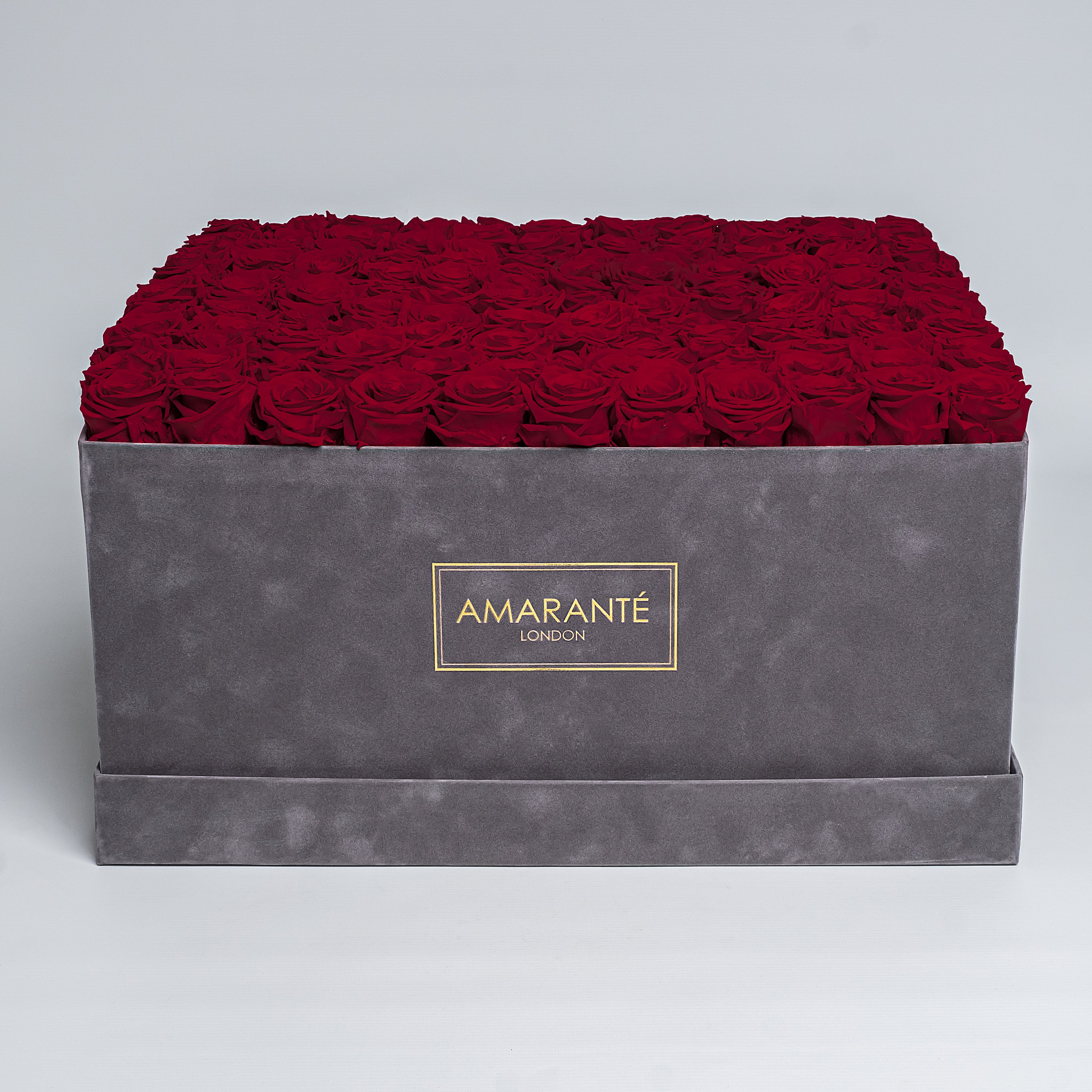 Super deluxe grey square hatbox with 150 deep-red infinity roses, offering a touch of elegance and everlasting love. Free UK delivery. Luxurious 20&quot;x20&quot; Rose Box, Roses are customisable in 14 delicate pastel colours.